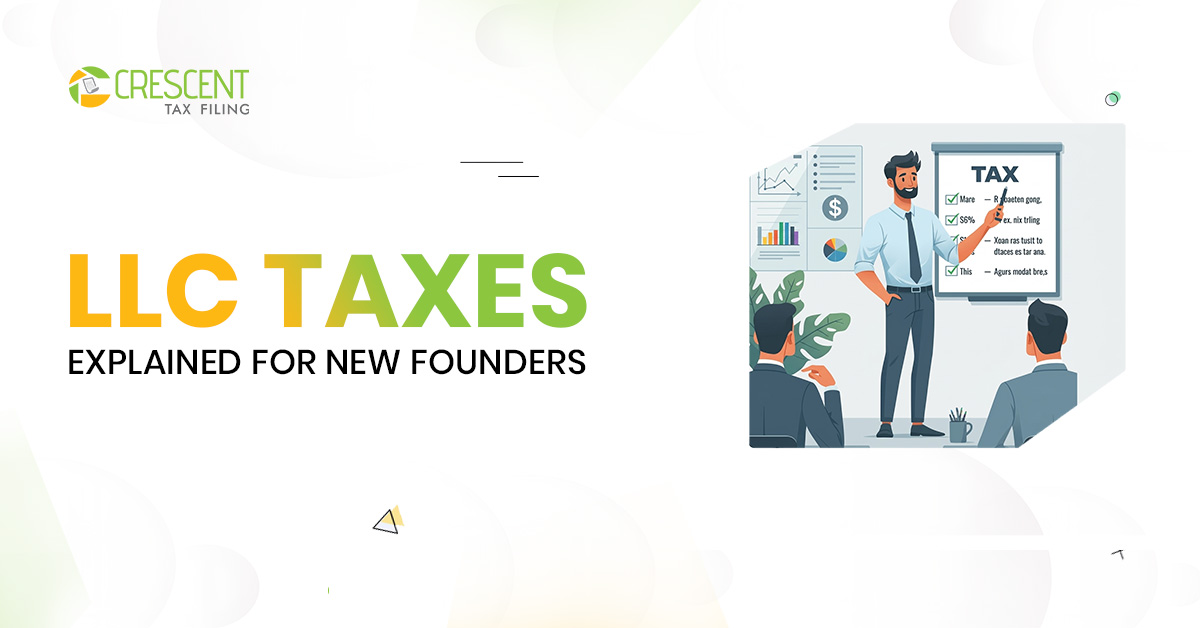 A new small business founder reviewing LLC tax documents at a desk with a laptop, calculator, and financial papers, representing first-time LLC tax filing, pass-through taxation, self-employment tax, and quarterly estimated payments in the United States.