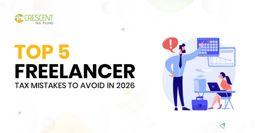 Freelancer working at home office desk reviewing tax documents with calculator, receipts, and April 15 deadline marked on calendar representing common freelancer tax mistakes in 2026.