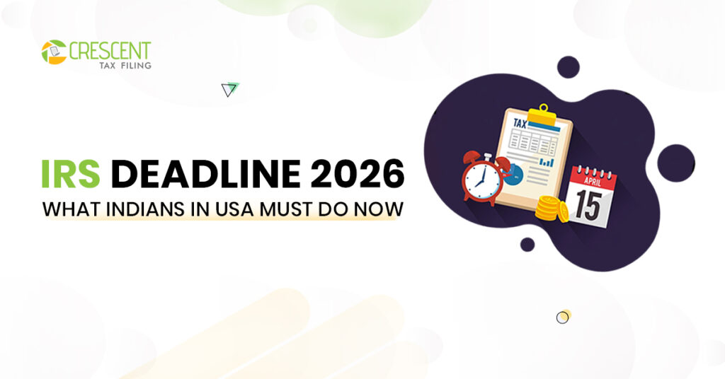 IRS April 15, 2026 tax filing deadline calendar with Tax Day note for Indians in USA.