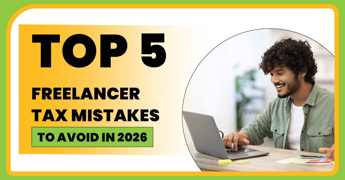 Freelancer working at home office desk reviewing tax documents with calculator, receipts, and April 15 deadline marked on calendar representing common freelancer tax mistakes in 2026.