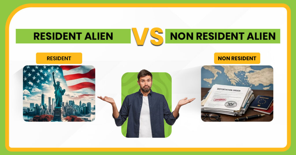 Feature image showing Resident vs Non-Resident Alien tax status with U.S. passport and green card for Indians in the USA.