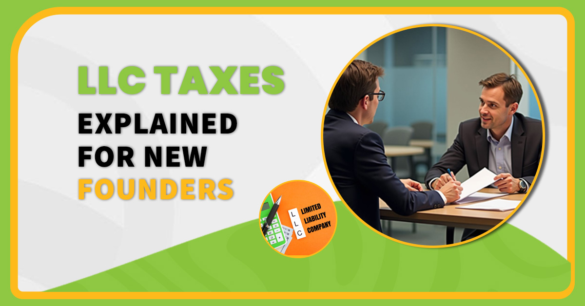 A new small business founder reviewing LLC tax documents at a desk with a laptop, calculator, and financial papers, representing first-time LLC tax filing, pass-through taxation, self-employment tax, and quarterly estimated payments in the United States.