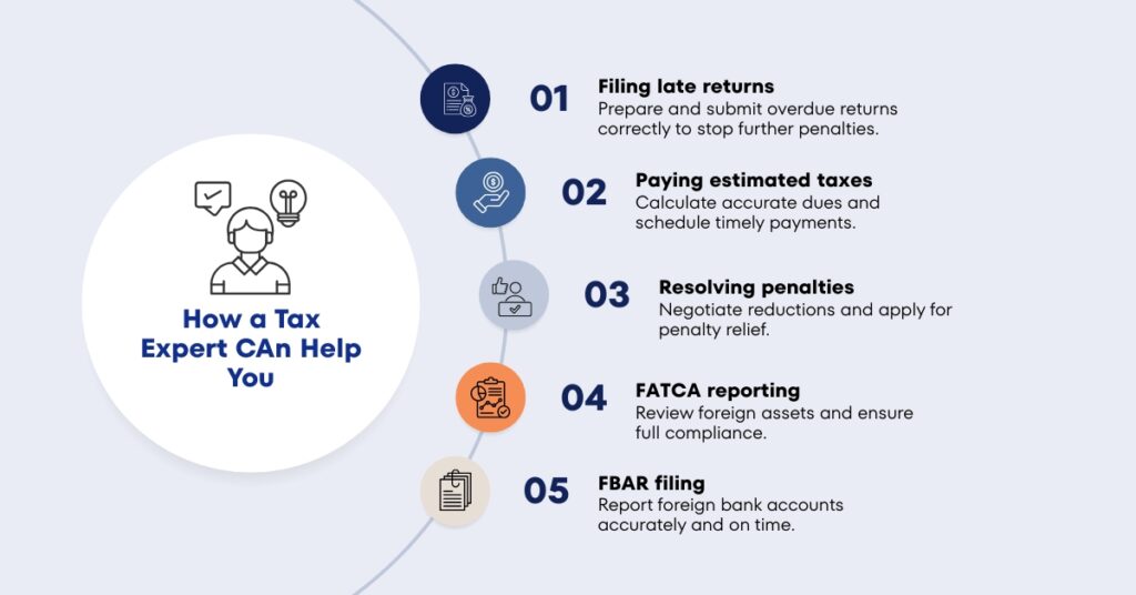 Tax expert services including late return filing, penalty resolution, FATCA reporting, and FBAR filing for Indians in USA.