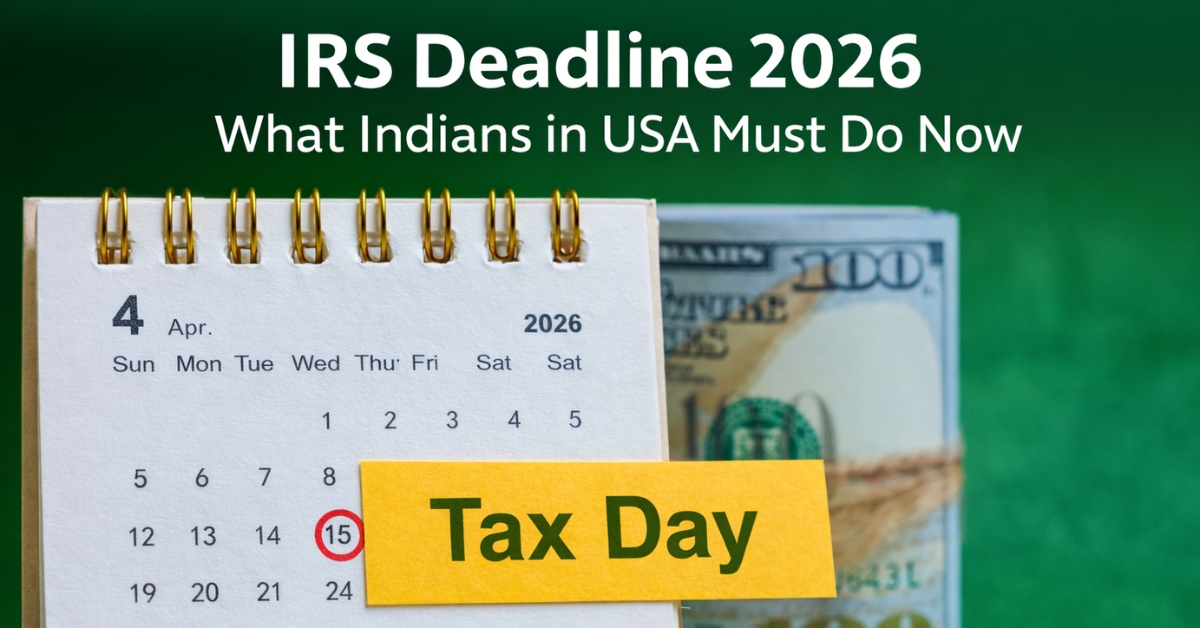 IRS April 15, 2026 tax filing deadline calendar with Tax Day note for Indians in USA.