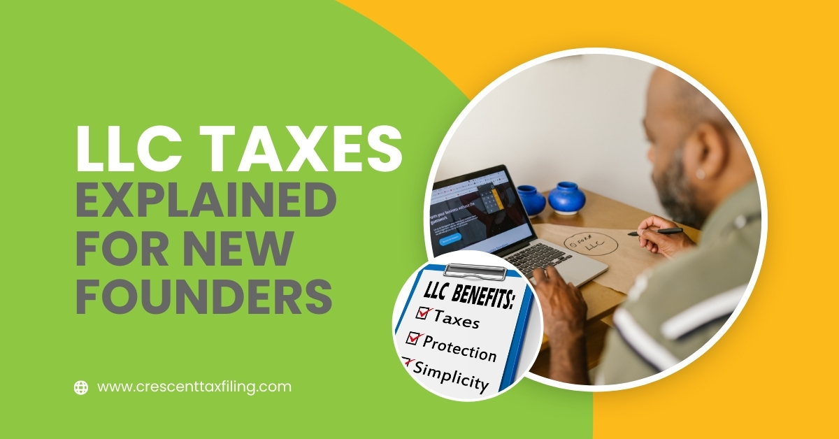 A new small business founder reviewing LLC tax documents at a desk with a laptop, calculator, and financial papers, representing first-time LLC tax filing, pass-through taxation, self-employment tax, and quarterly estimated payments in the United States.