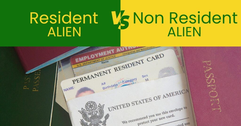 Feature image showing Resident vs Non-Resident Alien tax status with U.S. passport and green card for Indians in the USA.