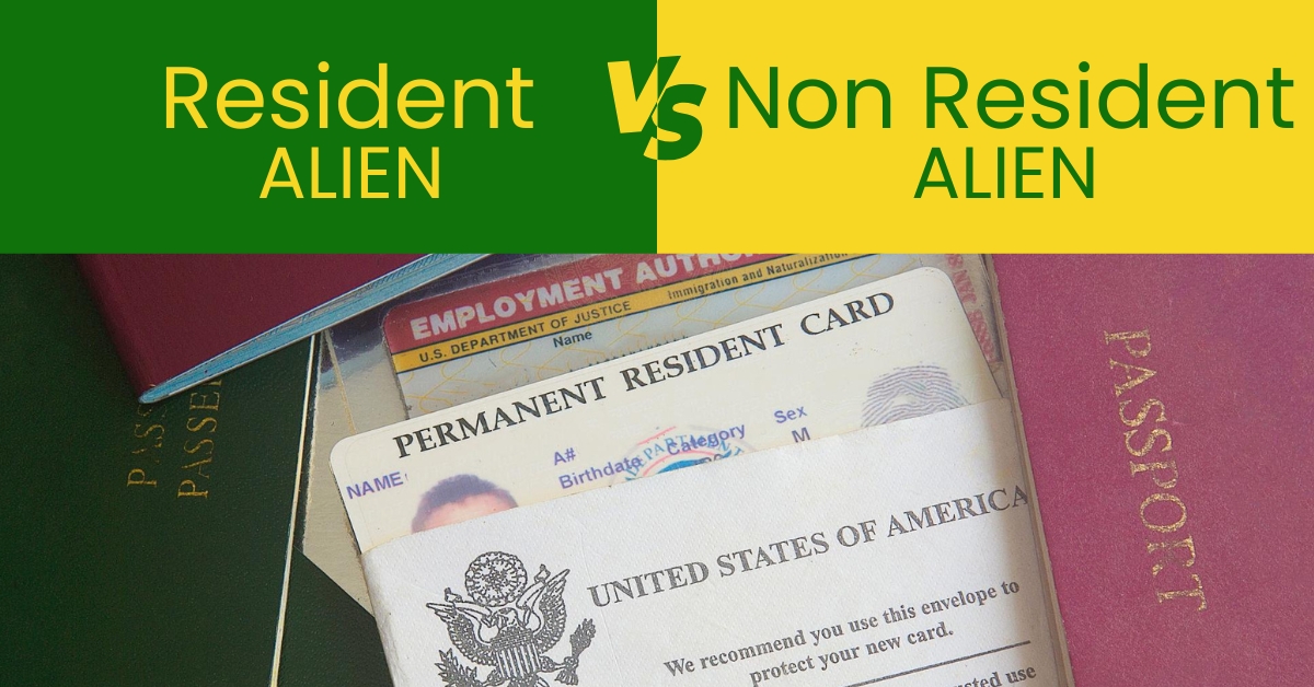 Feature image showing Resident vs Non-Resident Alien tax status with U.S. passport and green card for Indians in the USA.