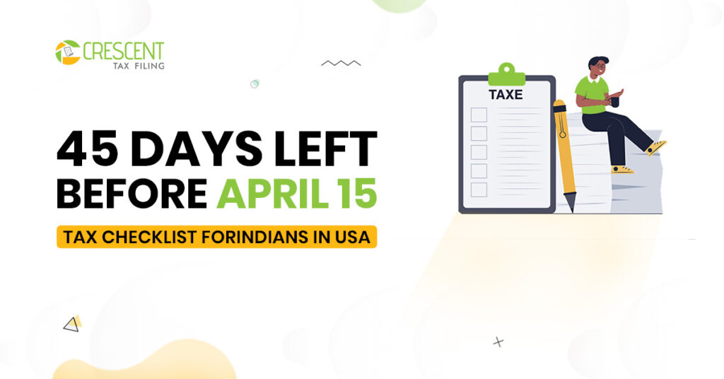 April 15 calendar with tax documents and laptop symbolizing US tax filing, FBAR, and FATCA compliance for Indians in the USA.