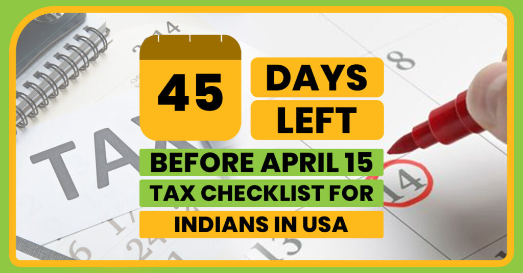 April 15 calendar with tax documents and laptop symbolizing US tax filing, FBAR, and FATCA compliance for Indians in the USA.