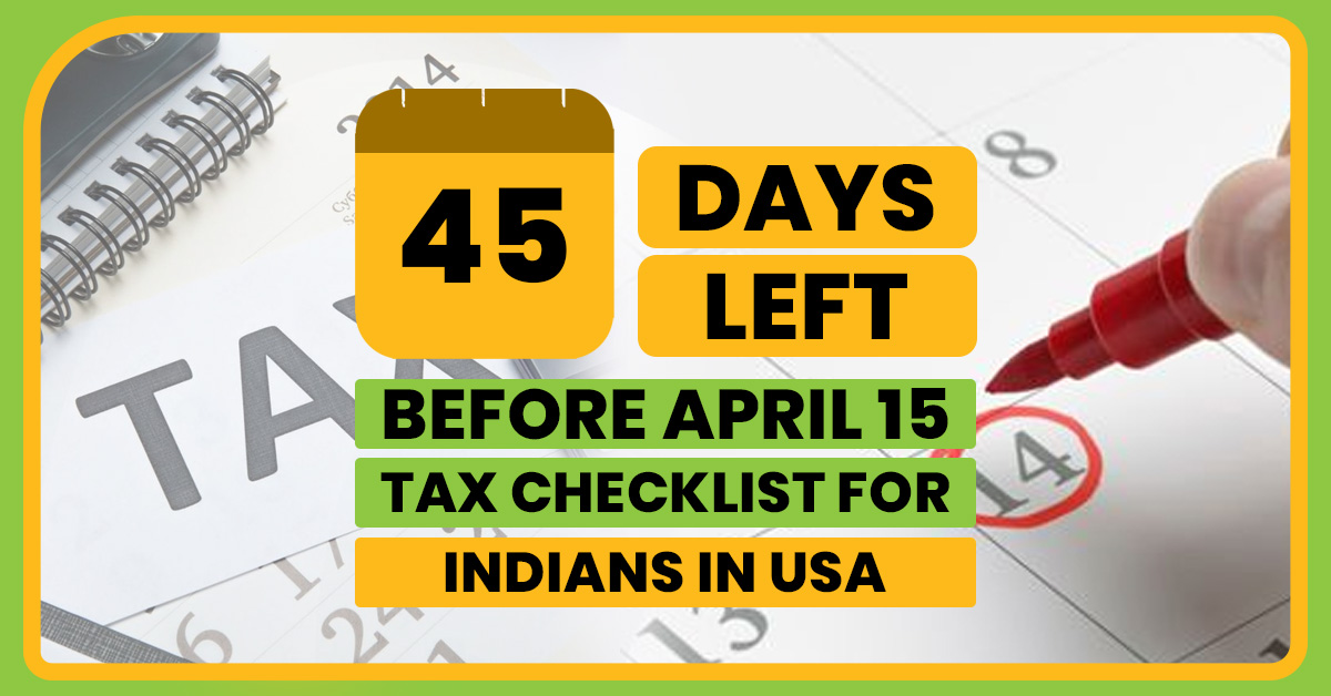 April 15 calendar with tax documents and laptop symbolizing US tax filing, FBAR, and FATCA compliance for Indians in the USA.