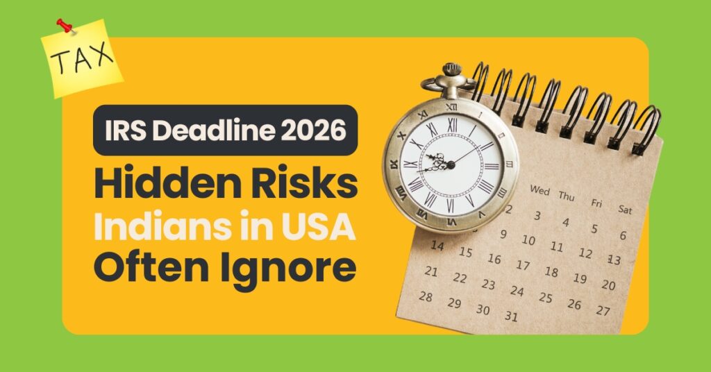 IRS April 15, 2026 tax deadline calendar with hidden FBAR and FATCA foreign account risks for Indians in USA
