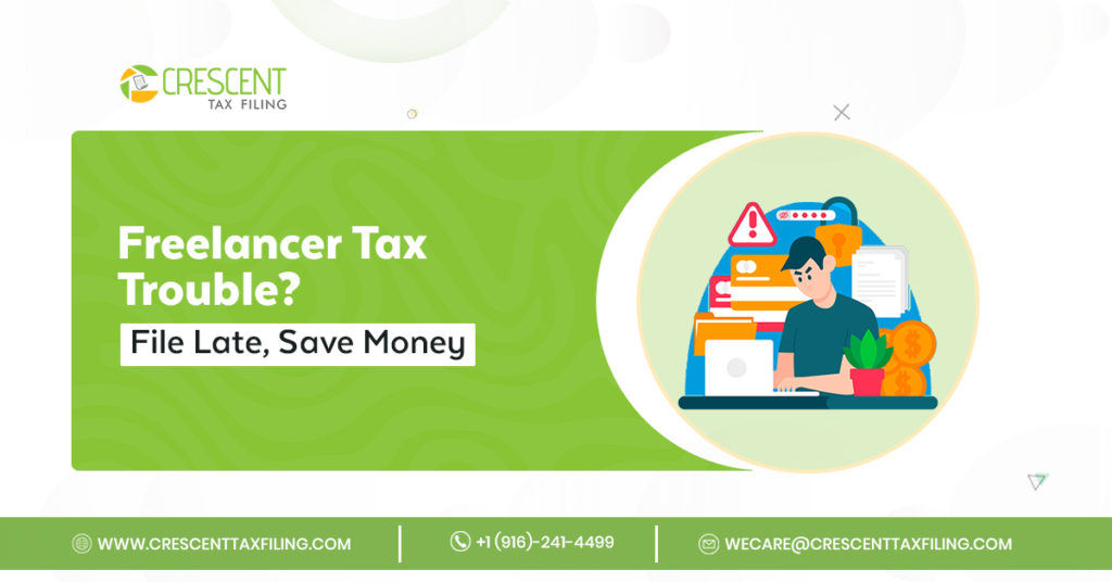 Freelancer calculating late tax filing penalties in USA with IRS documents and laptop