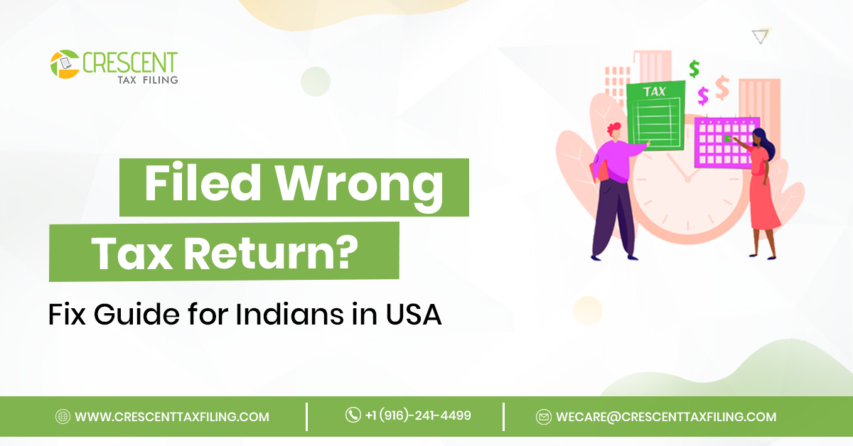 Indian taxpayer reviewing IRS Form 1040-X to correct a wrong tax return filing in the USA with FBAR and FATCA compliance documents.
